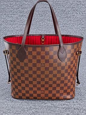 Louis Vuitton Neverfull MM Damier Ebene Red Interior Tote Shoulder Bag